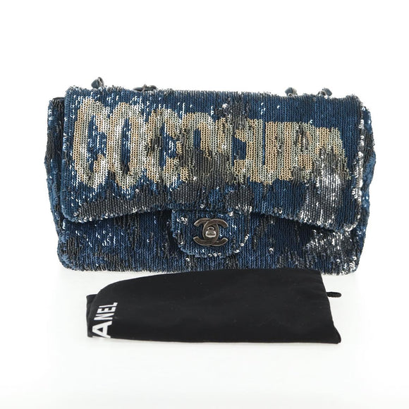CHANEL Shoulder Bag Sequin Blue Silver CC Auth 138088SM