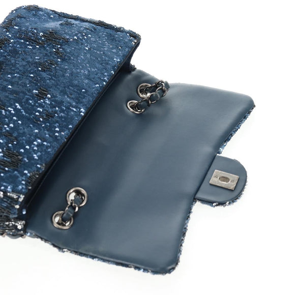 CHANEL Shoulder Bag Sequin Blue Silver CC Auth 138088SM