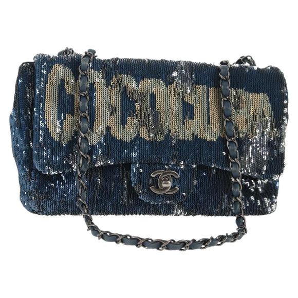 CHANEL Shoulder Bag Sequin Blue Silver CC Auth 138088M