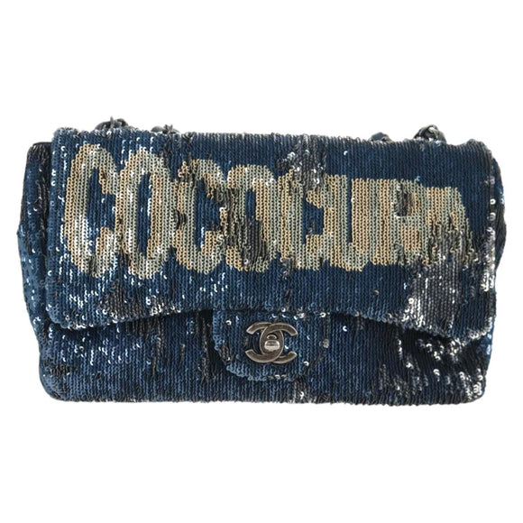 CHANEL Shoulder Bag Sequin Blue Silver CC Auth 138088M
