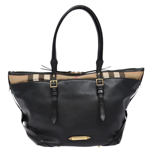 BURBERRY Nova Check Tote Bag Leather Beige Gold Auth 138125