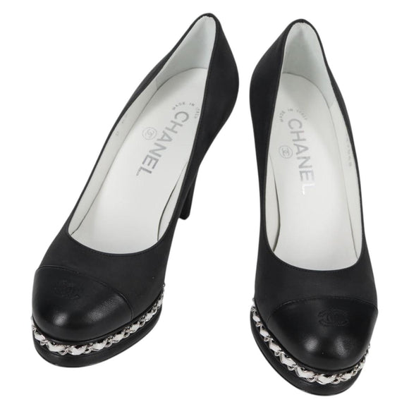CHANEL Pumps High Heels Leather 36C Black CC Auth 138153V