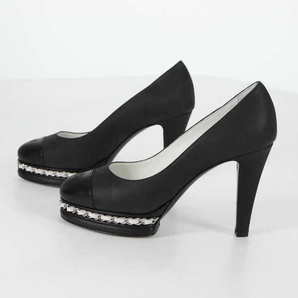 CHANEL Pumps High Heels Leather 36C Black CC Auth 138153V