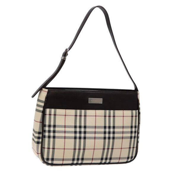 BURBERRY Nova Check Umhängetasche Canvas Beige Silber Auth 138176
