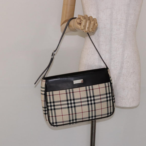 BURBERRY Nova Check Umhängetasche Canvas Beige Silber Auth 138176