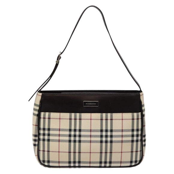 BURBERRY Nova Check Umhängetasche Canvas Beige Silber Auth 138176