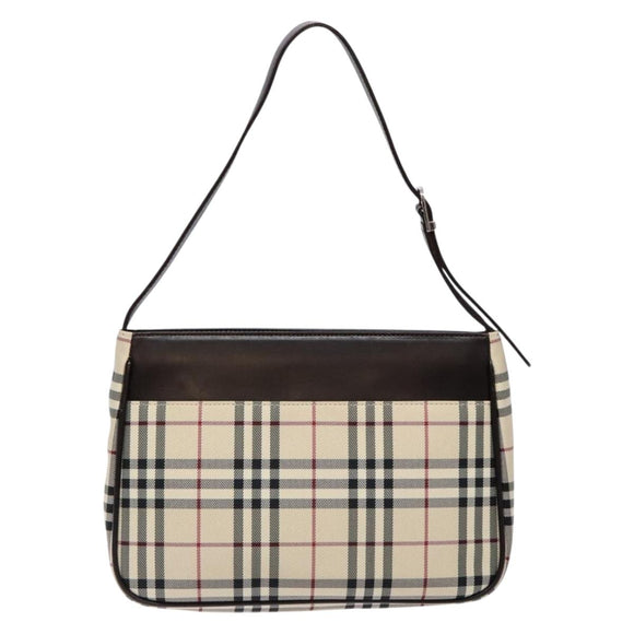 BURBERRY Nova Check Umhängetasche Canvas Beige Silber Auth 138176