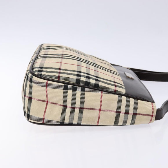 BURBERRY Nova Check Umhängetasche Canvas Beige Silber Auth 138176