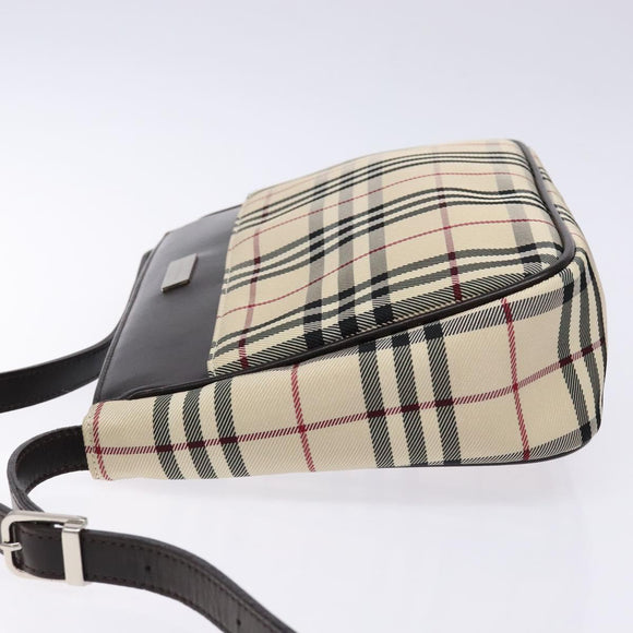 BURBERRY Nova Check Umhängetasche Canvas Beige Silber Auth 138176