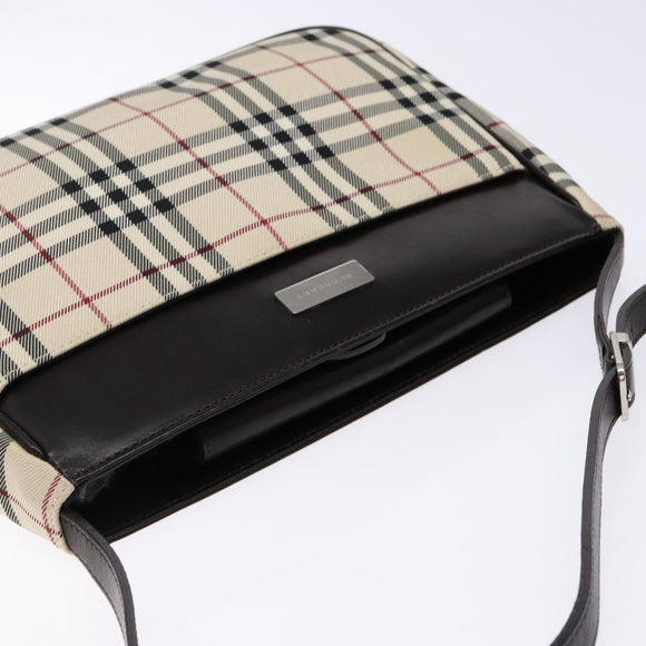 BURBERRY Nova Check Umhängetasche Canvas Beige Silber Auth 138176