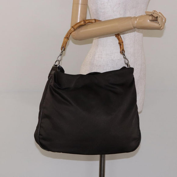GUCCI Bamboo Shoulder Bag Nylon 2way Brown Silver 001 1553 1577 Auth 138216