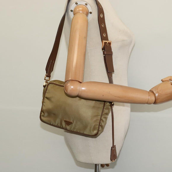 PRADA Shoulder Bag Nylon Beige Gold Auth 138224