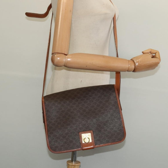 CELINE Macadam Canvas Shoulder Bag PVC Leather Brown Gold Auth 138247