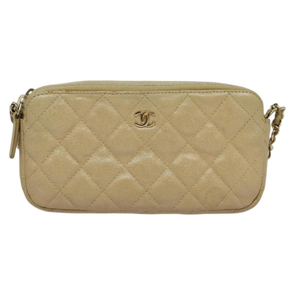 CHANEL Matelasse Chain Shoulder Bag Caviar Skin Beige Gold CC Auth 138257