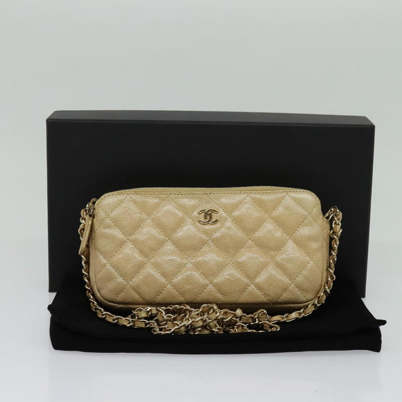 CHANEL Matelasse Chain Shoulder Bag Caviar Skin Beige Gold CC Auth 138257