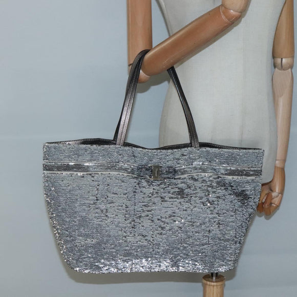 Salvatore Ferragamo Sequin Vala Tote Bag Nylon Silver Auth 138278