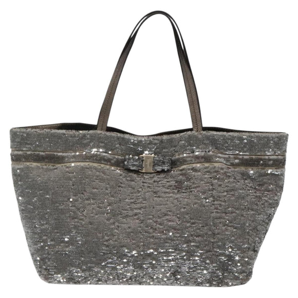 Salvatore Ferragamo Sequin Vala Tote Bag Nylon Silver Auth 138278