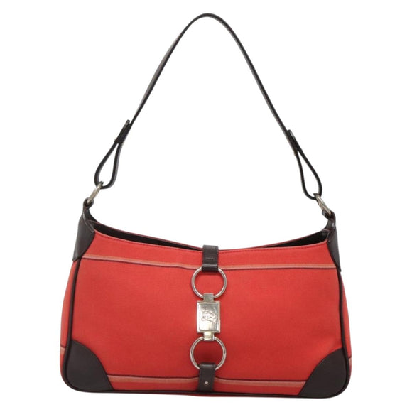 BURBERRY Nova Check Blue Label Shoulder Bag Canvas Red Silver Auth 138283