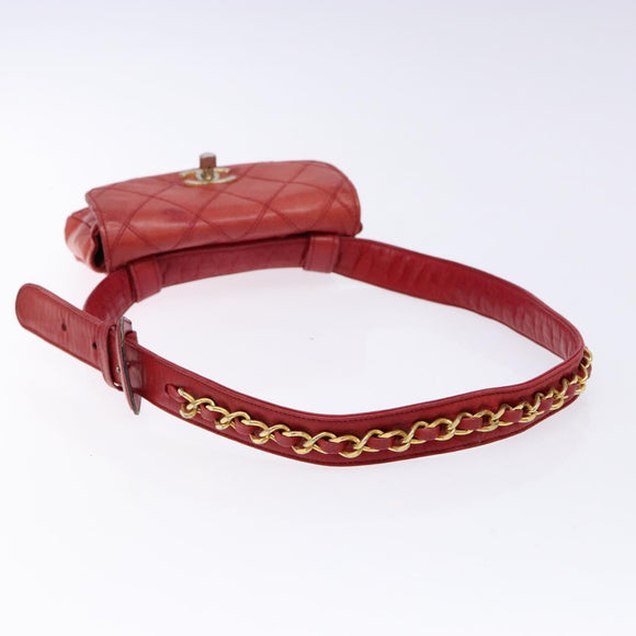 CHANEL Bicolore Waist bag Lamb Skin Red Gold CC Auth 138285