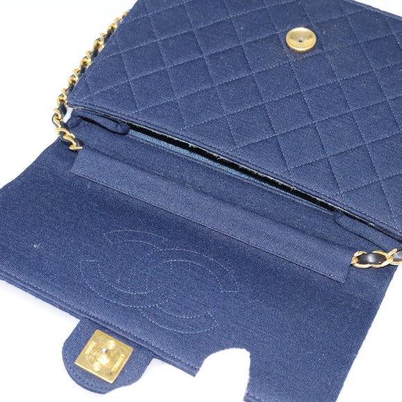 CHANEL Matelasse Chain Shoulder Bag Cotton Navy Gold CC Auth 138286