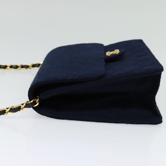 CHANEL Matelasse Chain Shoulder Bag Cotton Navy Gold CC Auth 138286