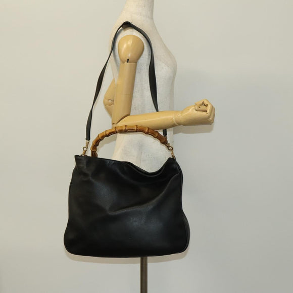 GUCCI Bamboo Shoulder Bag Leather 2way Black Gold 001 1781 1577 Auth 138302