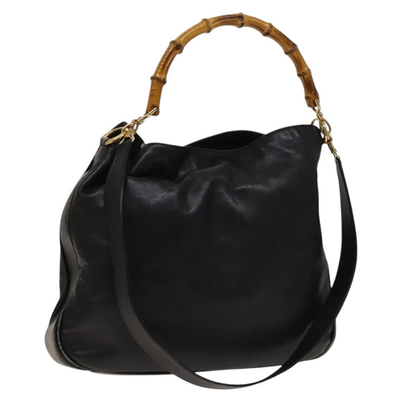 GUCCI Bamboo Shoulder Bag Leather 2way Black Gold 001 1577 Auth 138325