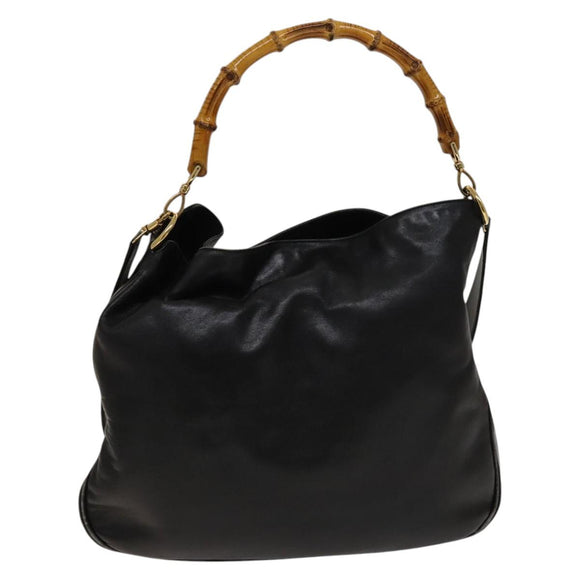 GUCCI Bamboo Shoulder Bag Leather 2way Black Gold 001 1577 Auth 138325