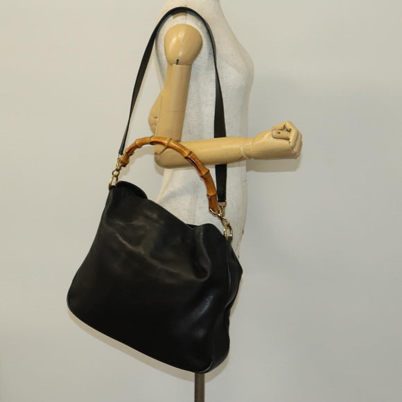 GUCCI Bamboo Shoulder Bag Leather 2way Black Gold 001 1577 Auth 138325