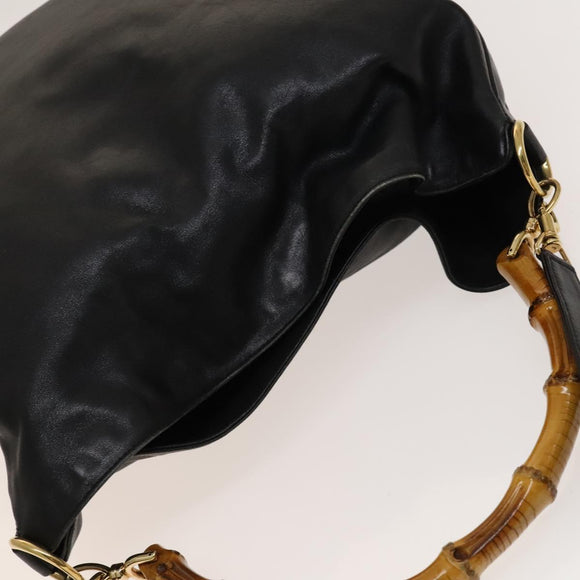 GUCCI Bamboo Shoulder Bag Leather 2way Black Gold 001 1577 Auth 138325