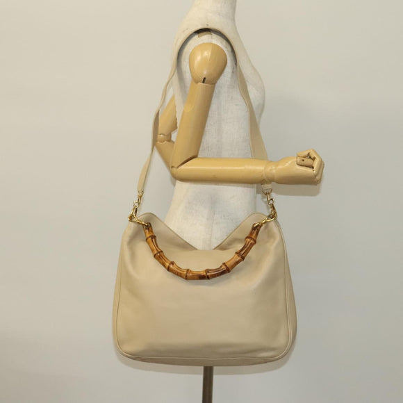 GUCCI Bamboo Shoulder Bag Leather 2way Beige Gold 001 2113 1577 Auth 138340