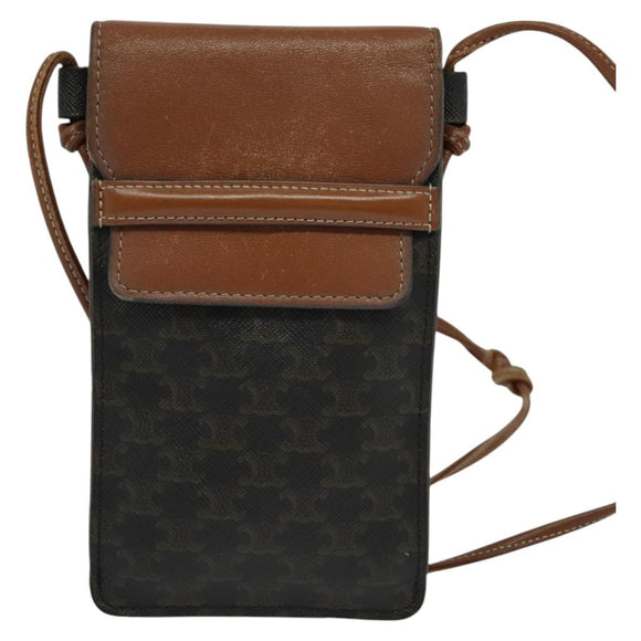 CELINE Triomphe Cell Phone Case Shoulder Bag PVC Black Auth 138351