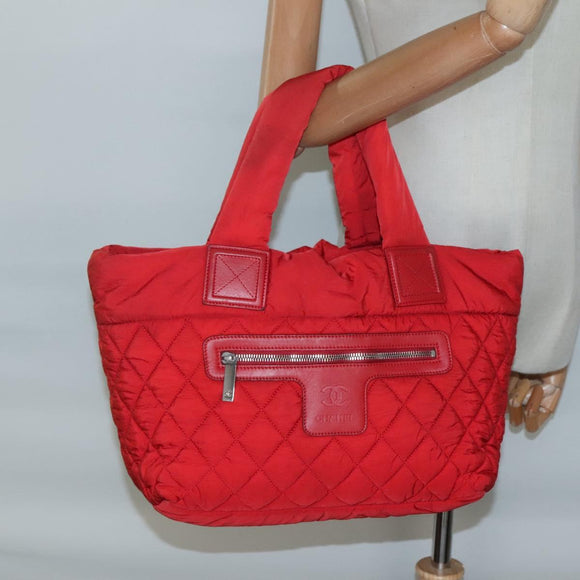 CHANEL Coco Cocoon Hand Bag Nylon Red Silver CC Auth 138367