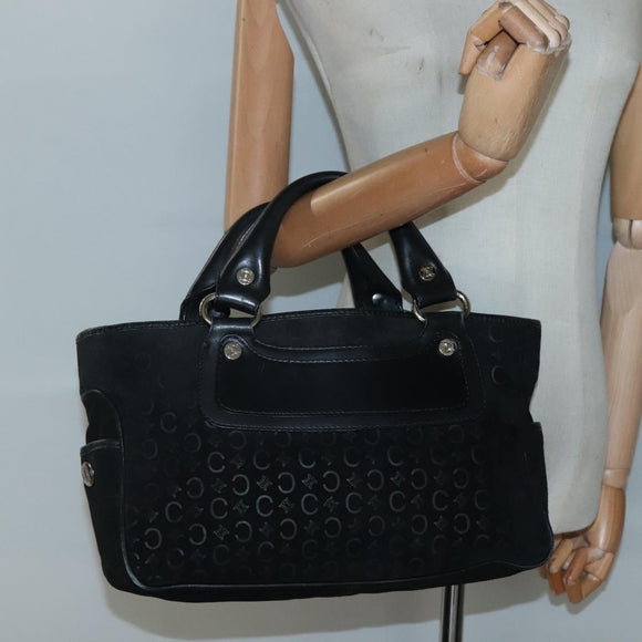 CELINE C Macadam Canvas Hand Bag Suede Black Silver Auth 138370