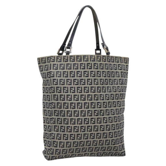 FENDI Zucchino Canvas Hand Bag Navy Silver Auth 138385