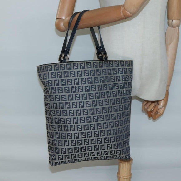 FENDI Zucchino Canvas Hand Bag Navy Silver Auth 138385
