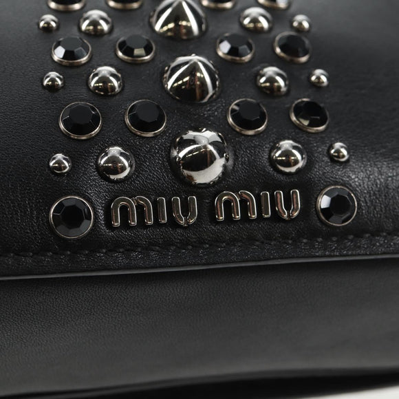 Miu Miu Schoudertas met Ketting Leer Zwart Zilver Auth 138395V