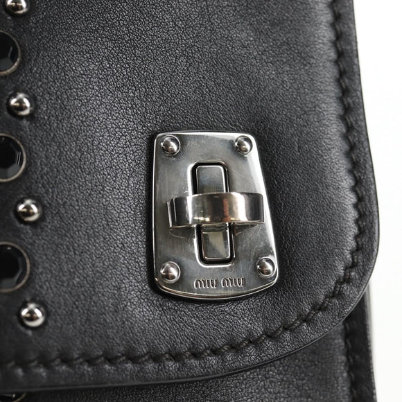 Miu Miu Schoudertas met Ketting Leer Zwart Zilver Auth 138395V
