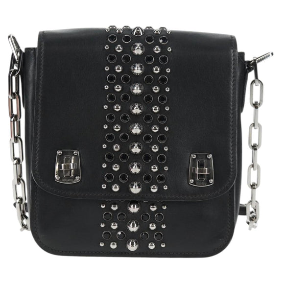 Miu Miu Schoudertas met Ketting Leer Zwart Zilver Auth 138395V