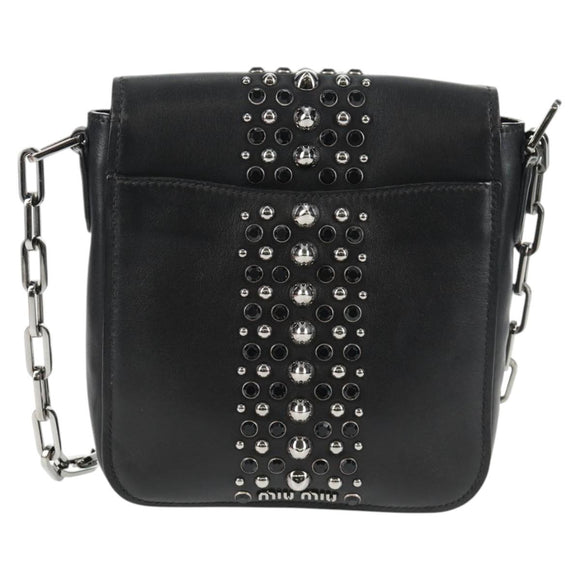 Miu Miu Schoudertas met Ketting Leer Zwart Zilver Auth 138395V