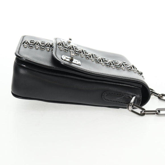 Miu Miu Schoudertas met Ketting Leer Zwart Zilver Auth 138395V