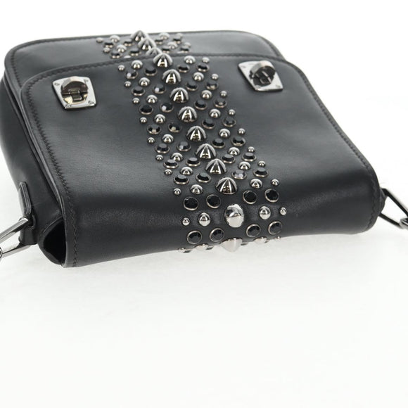 Miu Miu Schoudertas met Ketting Leer Zwart Zilver Auth 138395V