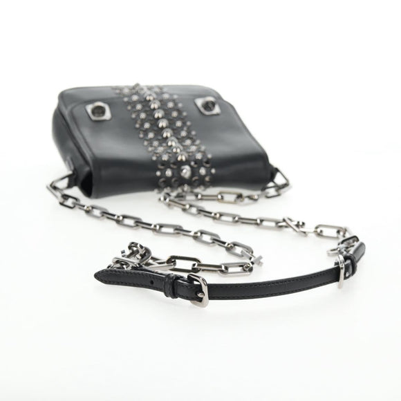 Miu Miu Schoudertas met Ketting Leer Zwart Zilver Auth 138395V