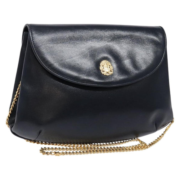 CELINE Chain Shoulder Bag Leather Navy Gold Auth 138408