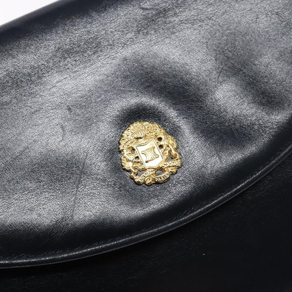 CELINE Chain Shoulder Bag Leather Navy Gold Auth 138408