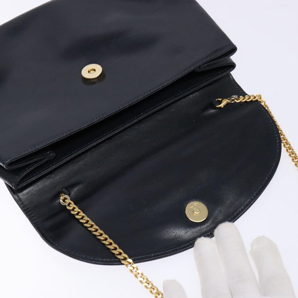 CELINE Chain Shoulder Bag Leather Navy Gold Auth 138408