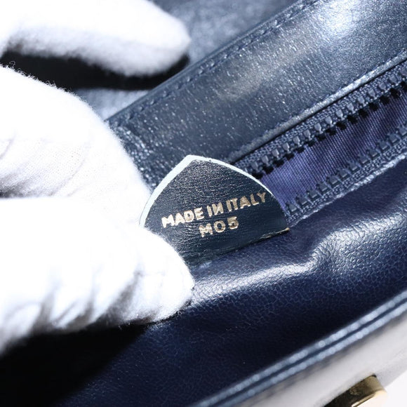 CELINE Chain Shoulder Bag Leather Navy Gold Auth 138408