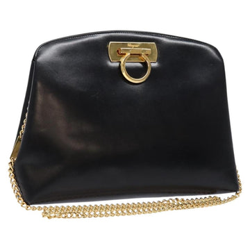 Salvatore Ferragamo Gancini Chain Shoulder Bag Leather Black Gold Auth 138417