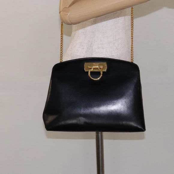 Salvatore Ferragamo Gancini Chain Shoulder Bag Leather Black Gold Auth 138417