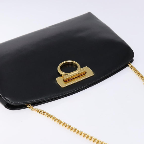 Salvatore Ferragamo Gancini Chain Shoulder Bag Leather Black Gold Auth 138417